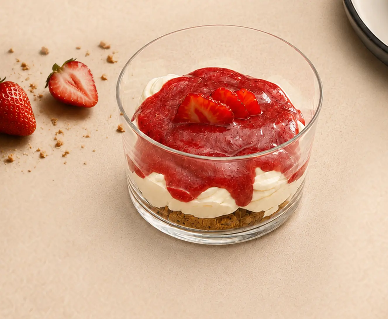 Cheesecake artigianale alle fragole servita in una porzione singola