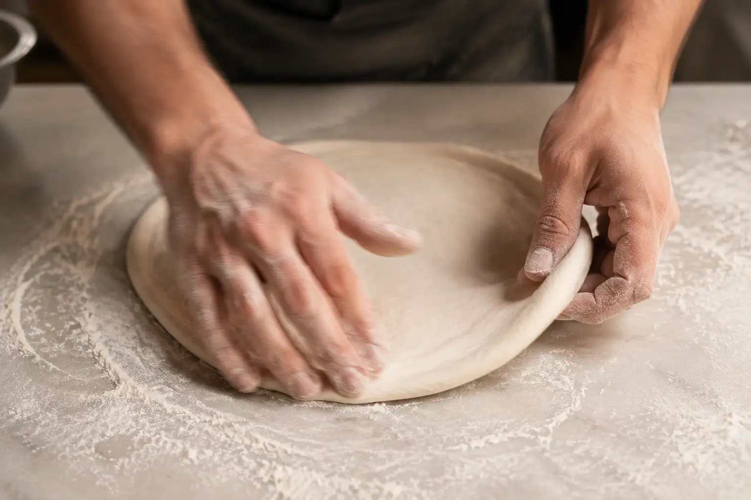 Mani del pizzaiolo mentre lavorano l’impasto artigianale di Semplice